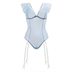 Blue Daiquir Mesh Ruffled Teddy With Garter Powder Blue M/L