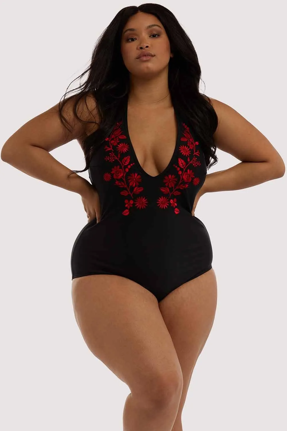 Embroidered Plunge Swimsuit Curve