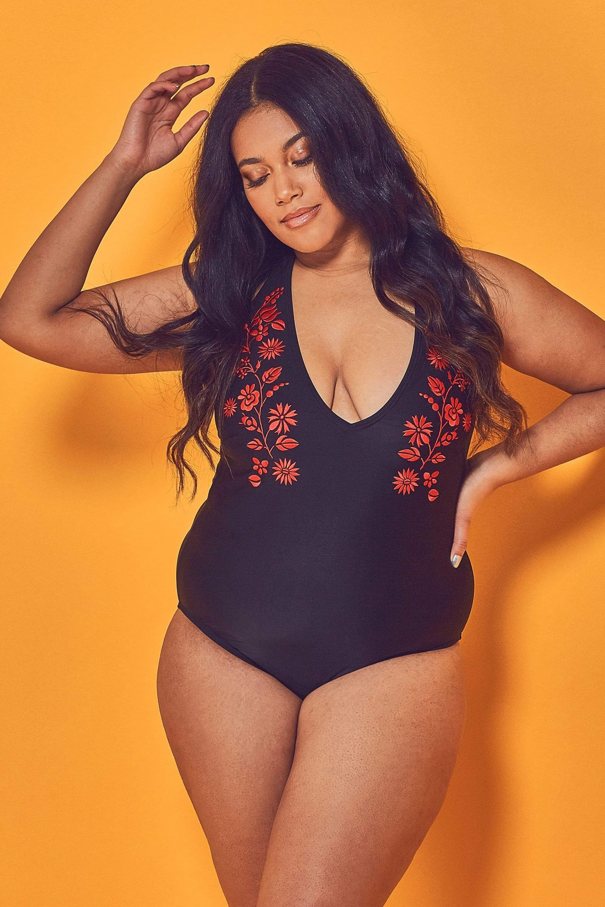 Embroidered Plunge Swimsuit Curve
