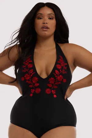 Embroidered Plunge Swimsuit Curve