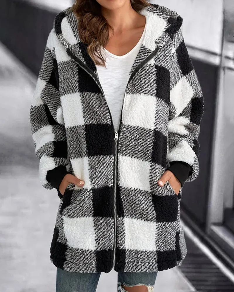 Hoodie Plaid Loose Overcoat