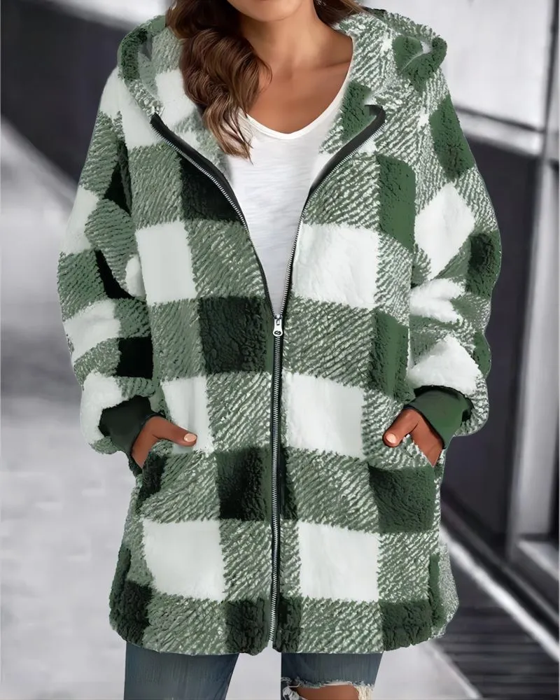 Hoodie Plaid Loose Overcoat