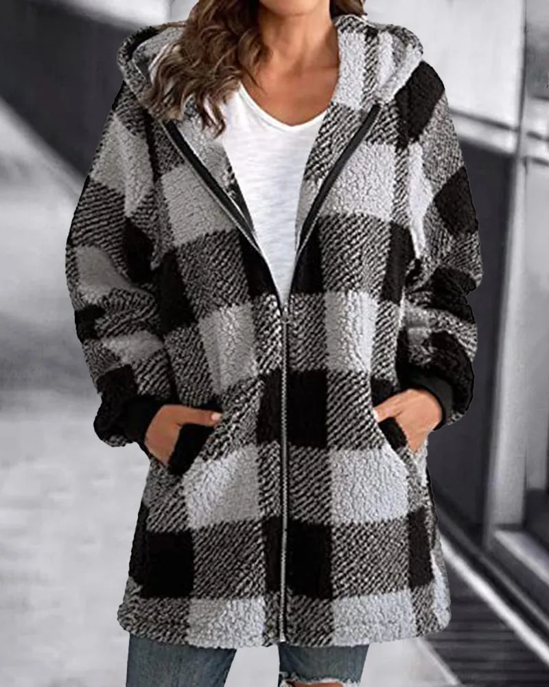 Hoodie Plaid Loose Overcoat
