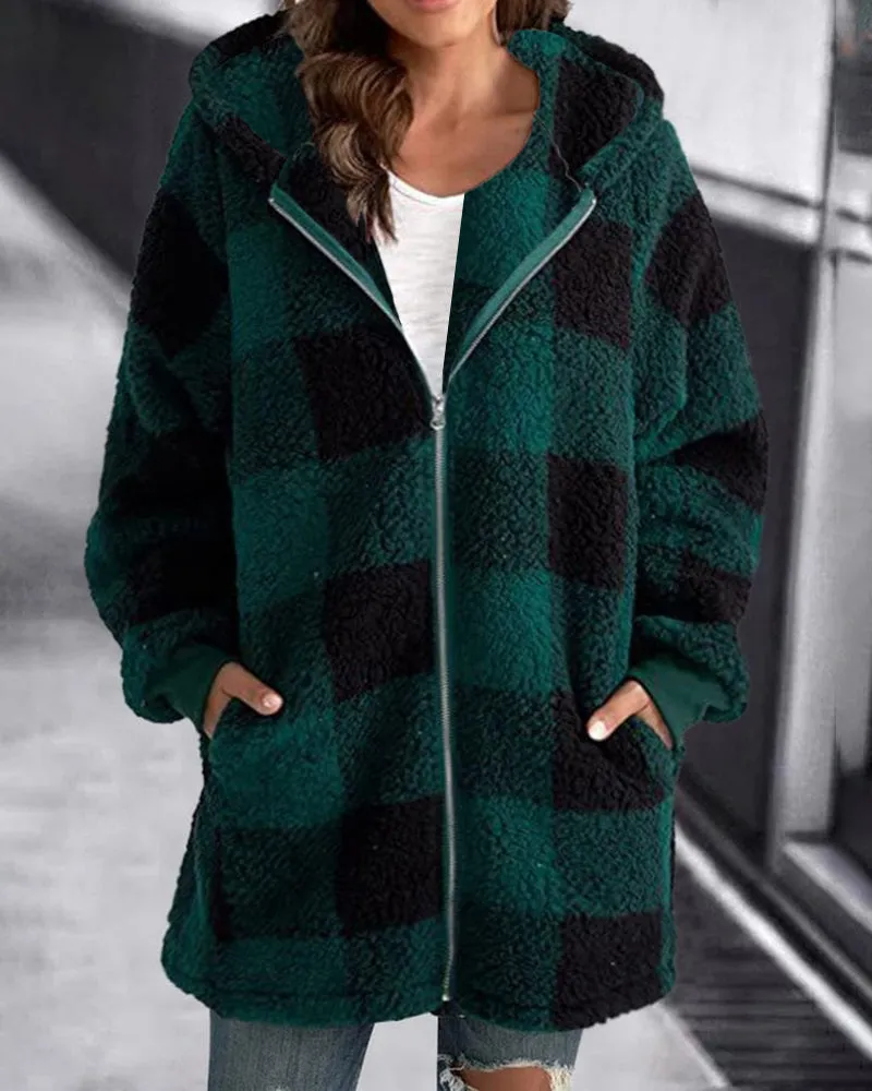 Hoodie Plaid Loose Overcoat