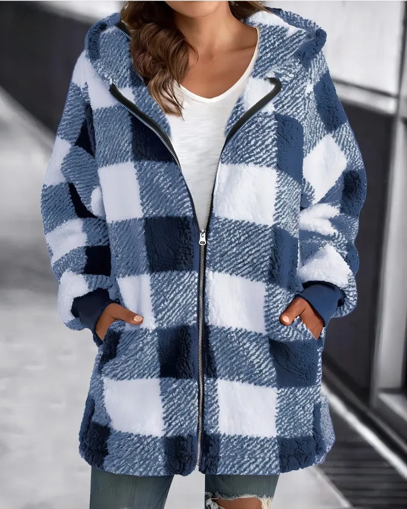 Hoodie Plaid Loose Overcoat