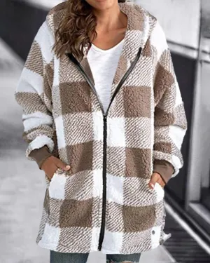 Hoodie Plaid Loose Overcoat