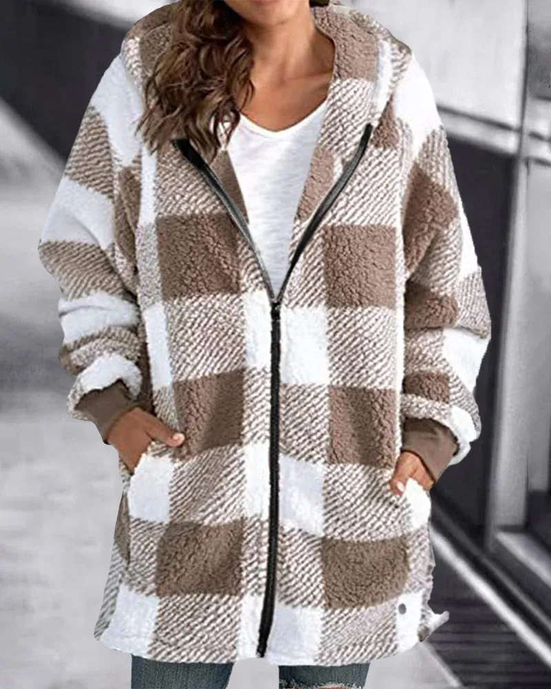 Hoodie Plaid Loose Overcoat