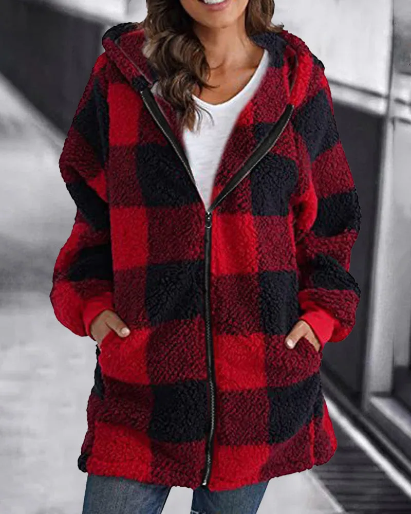 Hoodie Plaid Loose Overcoat