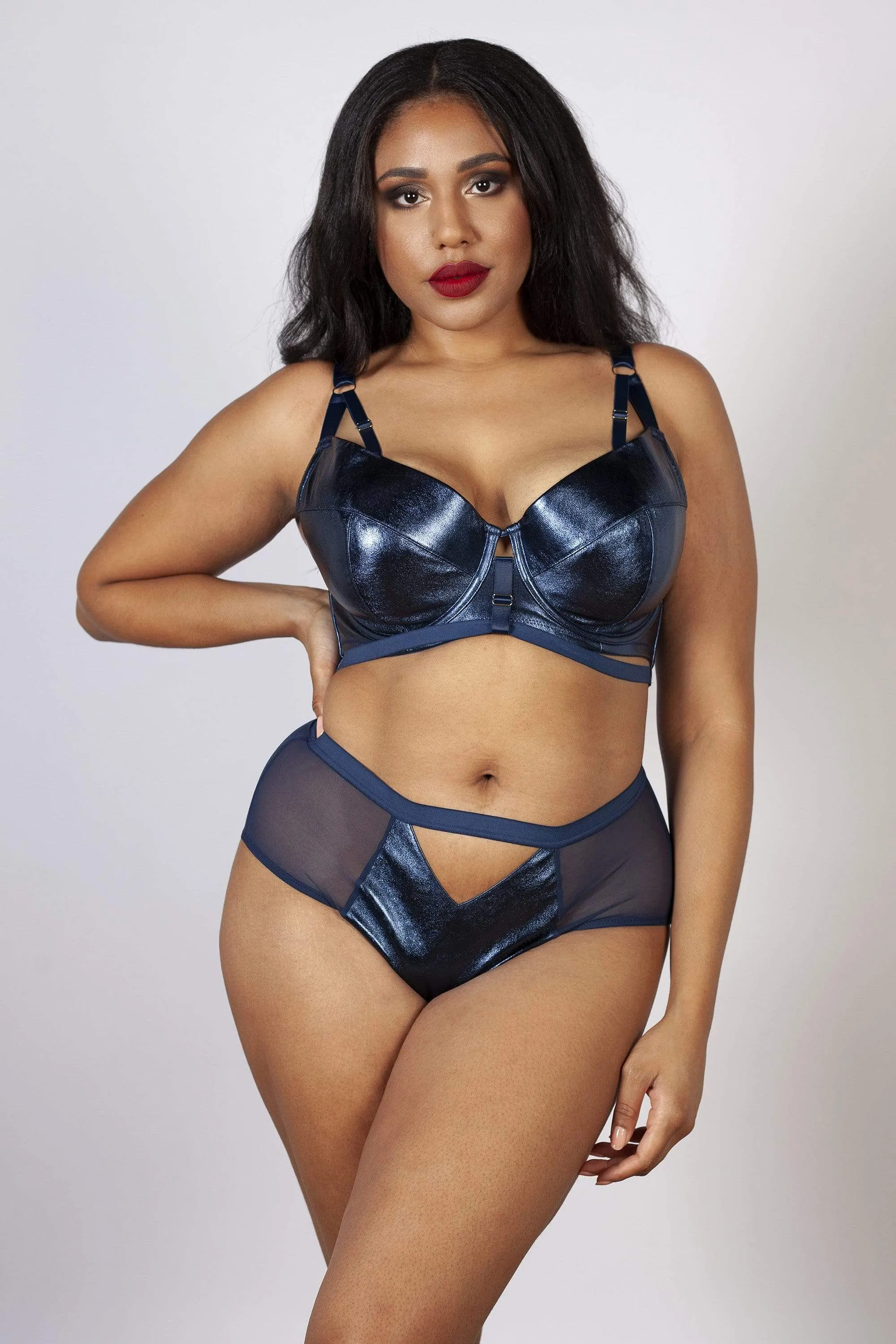 Kayla Metallic Leatherette Bra Midnight Blue B - H