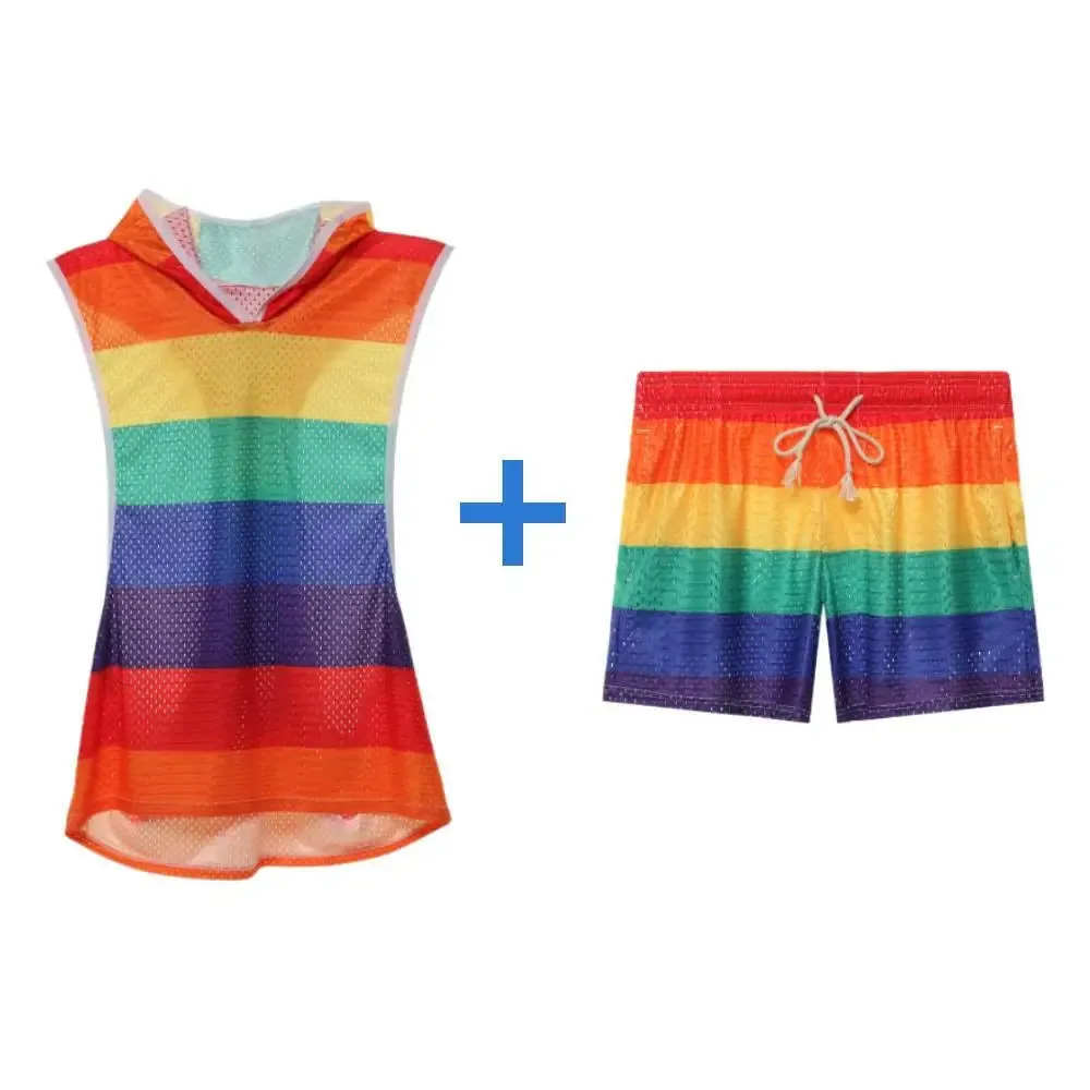 Men's Sets Rainbow Hooded Men's Tank Tops Mesh Breathable V-neck Vests Men Shorts Streetwear Tops Tee Sports Fitness Singlets