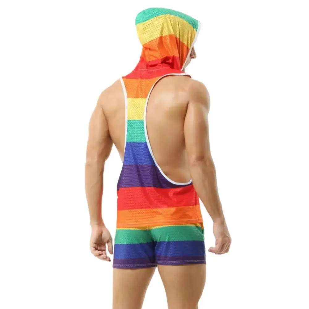 Men's Sets Rainbow Hooded Men's Tank Tops Mesh Breathable V-neck Vests Men Shorts Streetwear Tops Tee Sports Fitness Singlets