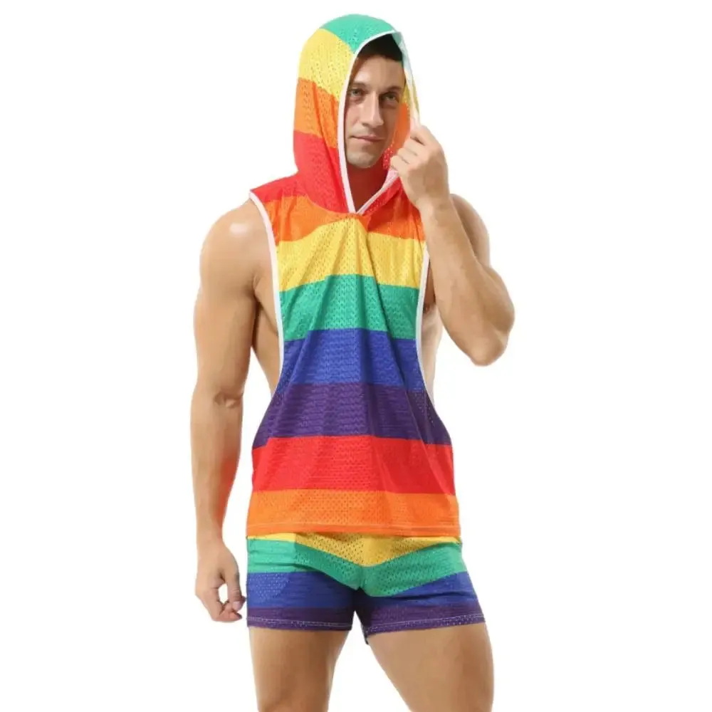 Men's Sets Rainbow Hooded Men's Tank Tops Mesh Breathable V-neck Vests Men Shorts Streetwear Tops Tee Sports Fitness Singlets