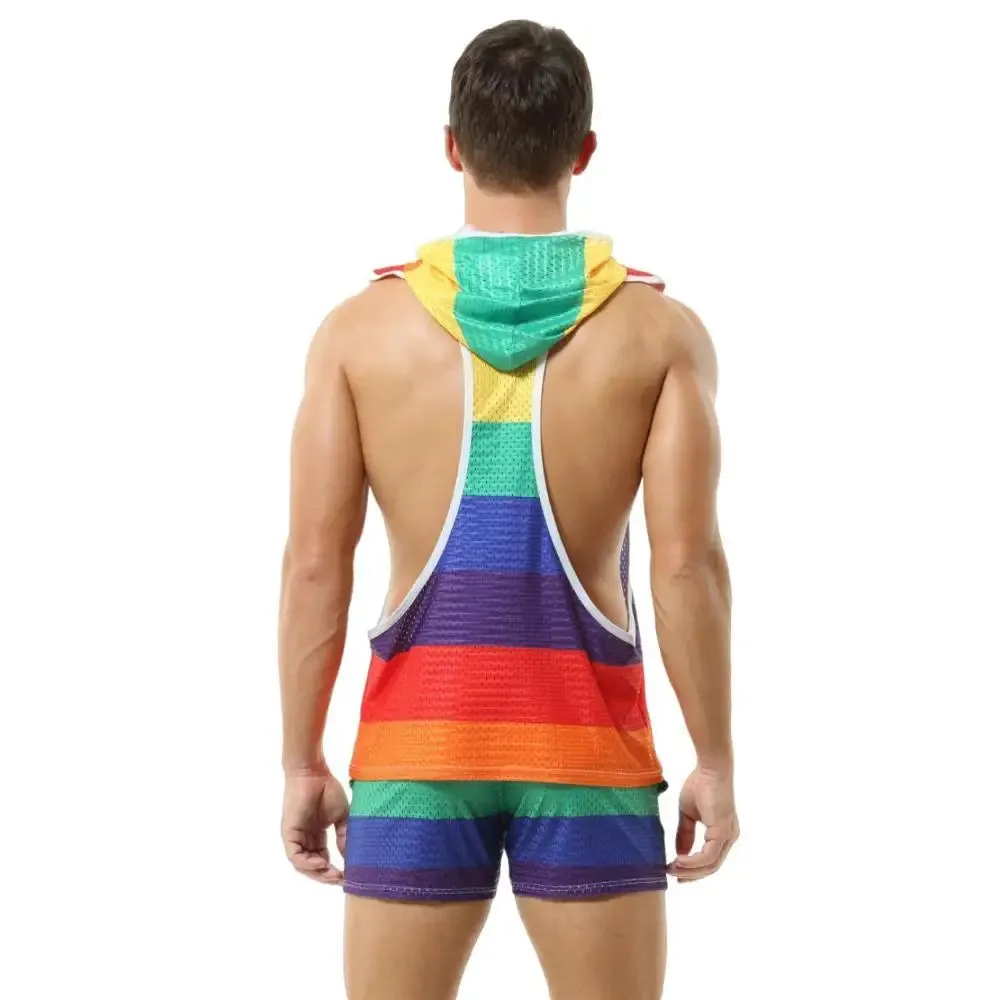 Men's Sets Rainbow Hooded Men's Tank Tops Mesh Breathable V-neck Vests Men Shorts Streetwear Tops Tee Sports Fitness Singlets