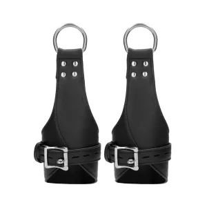 Ouch! Pain Calf Leather Adjustable Suspension Wrist Bondage Handcuffs Black