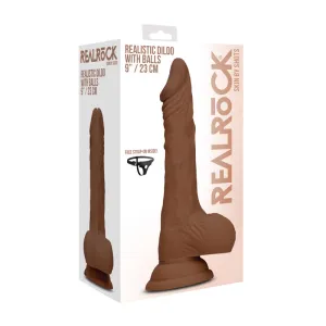 RealRock Skin Realistic 9 in. Dildo With Balls & Strap-On Harness Brown